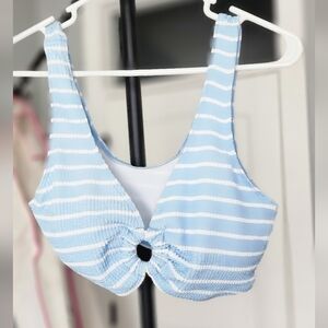 Light Blue & White Striped Knot-Front Bikini Top